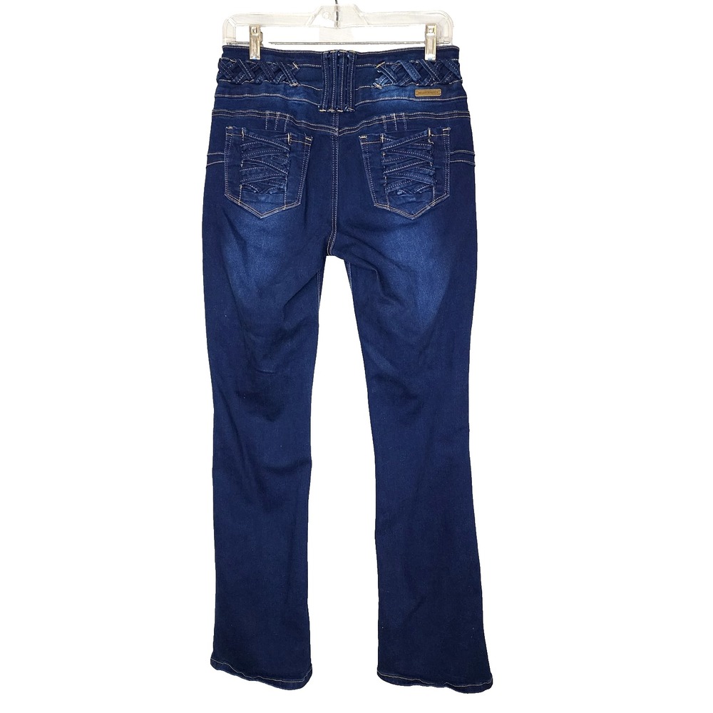 MODA XPRESS 13/14 Butt Lift Dark Bootcut Jeans Lace Up High Waist Blue Denim EUC